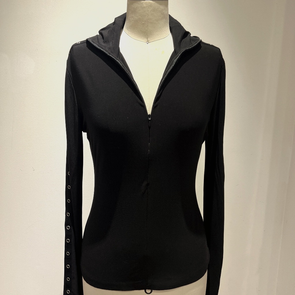 Jersey Stretch Zip Front Top With Snap Detail And Hood